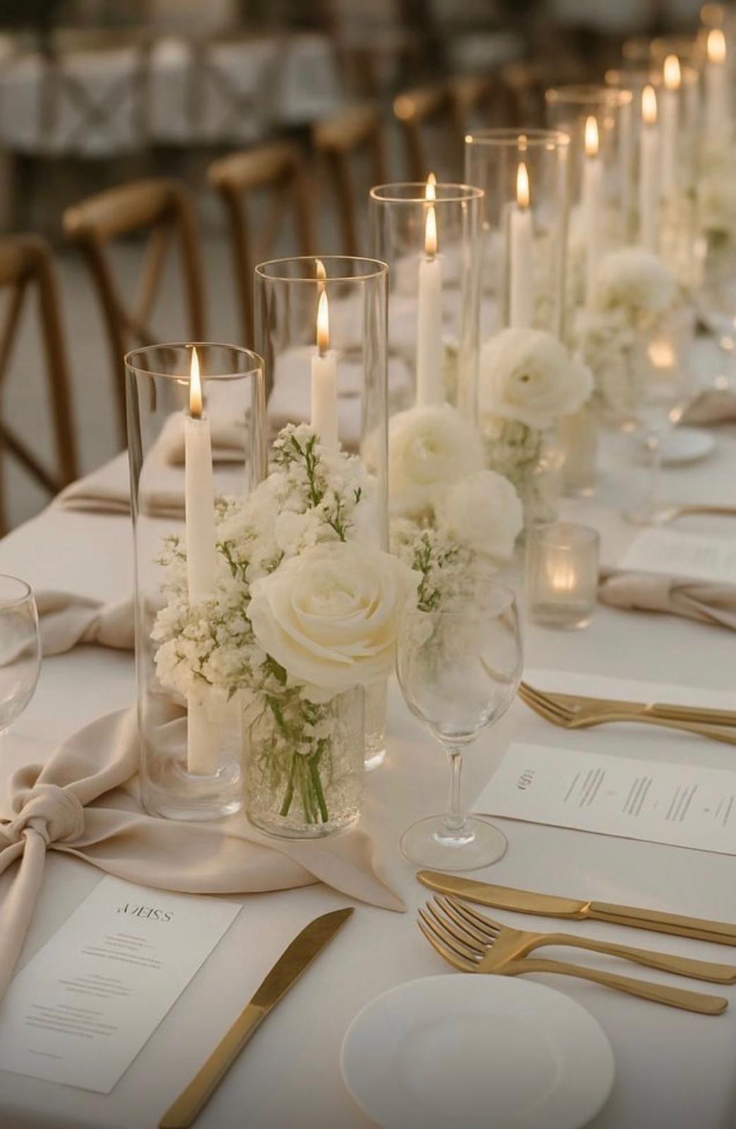 Bougeoirs en verre bougies et vase de fleurs